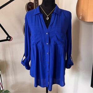 Anthropologie Maeve Cobalt Blue Roll Tab Button Blouse - Size Small